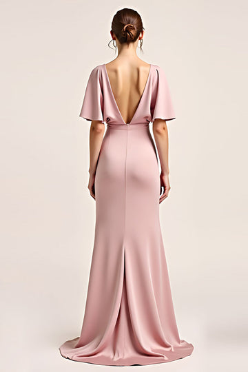 Dusty Rose V-ringad Satin Halvärmar Lång Brudtärna Klänning med Slits